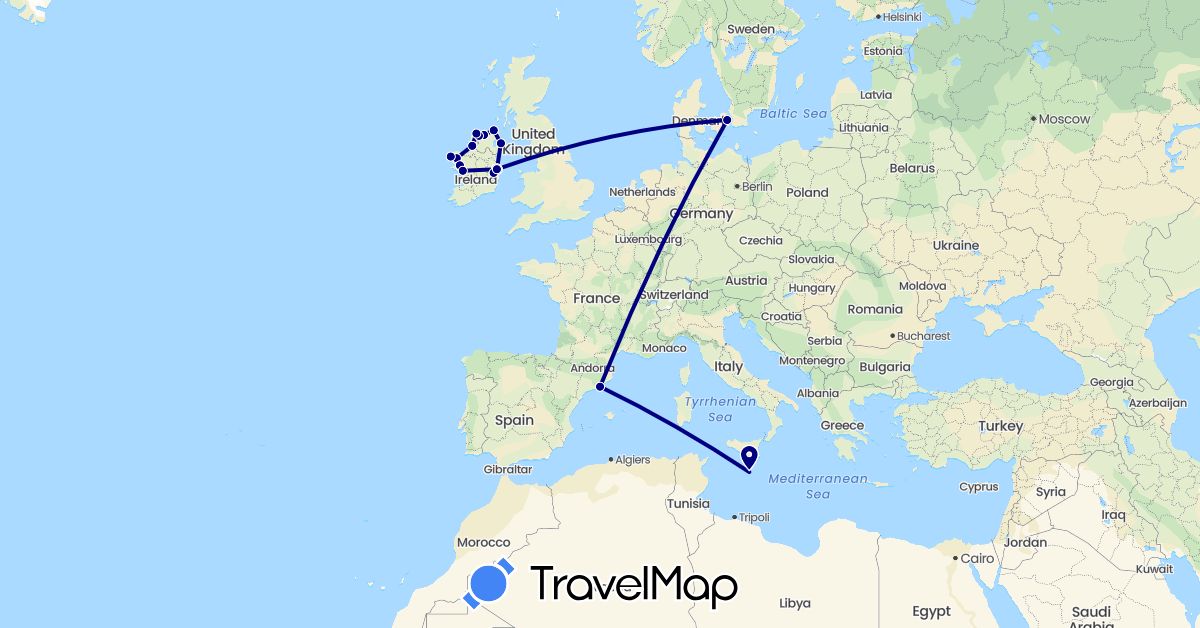 TravelMap itinerary: driving in Denmark, Spain, United Kingdom, Ireland, Malta (Europe)